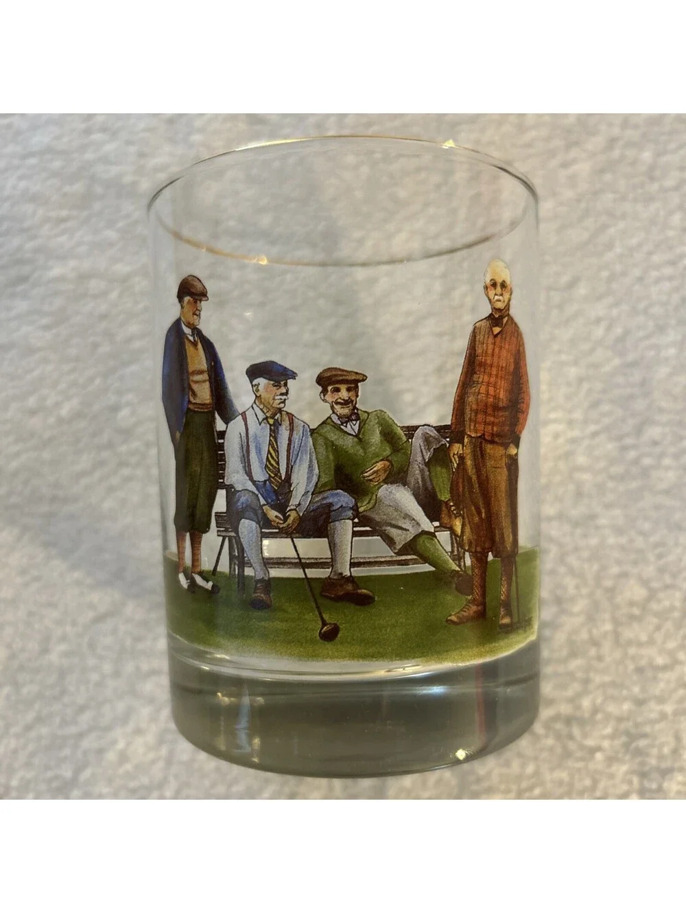 Vintage Golfers On A Bench Whiskey Glasses (Set Of 2) Gold Rim